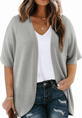Eytino Womens Plus Size Cardigan Casual Short Sleeve Waffle Knit Kimono Open Front Tops(1X-5X)