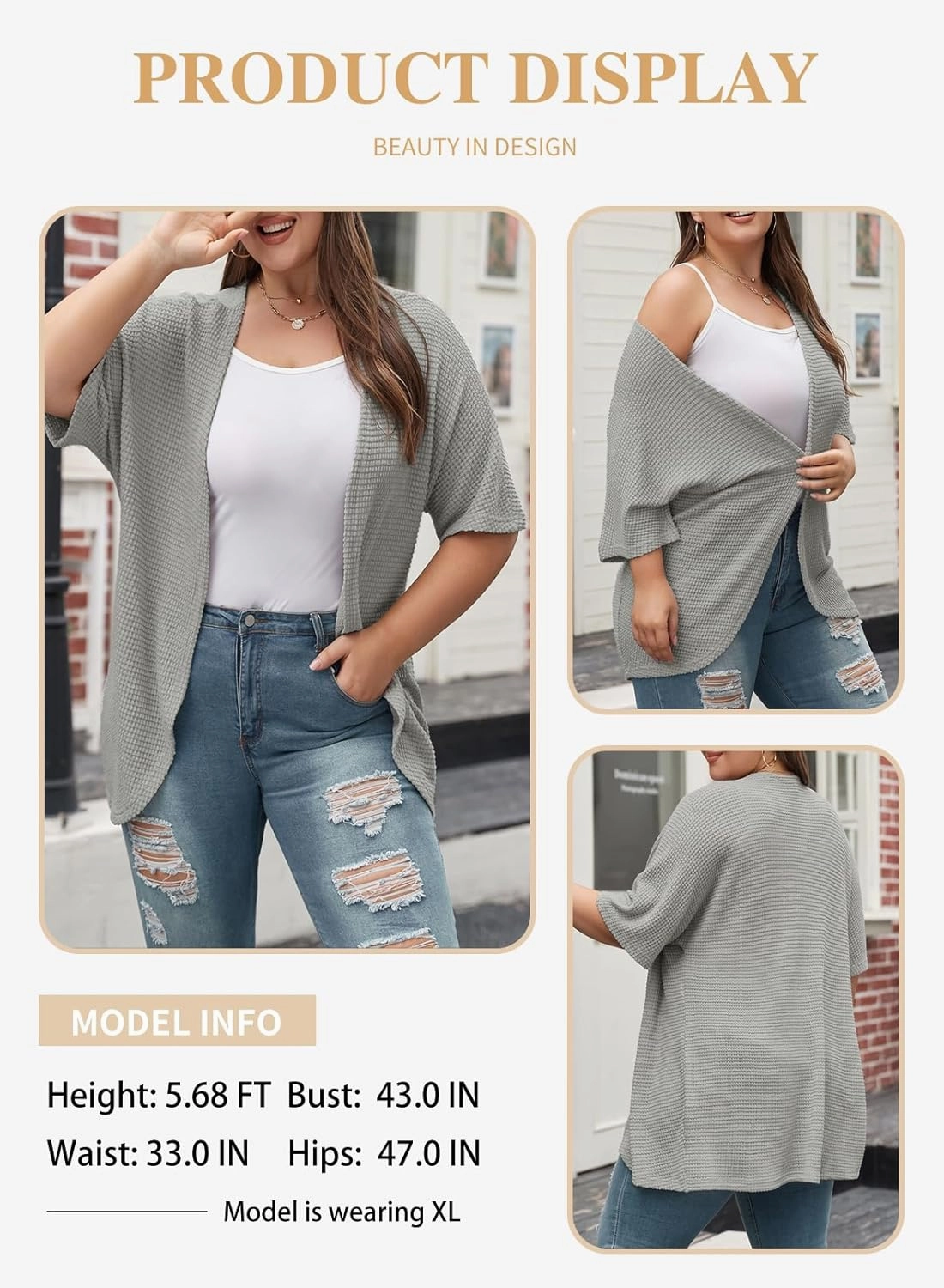 Eytino Womens Plus Size Cardigan Casual Short Sleeve Waffle Knit Kimono Open Front Tops(1X-5X)