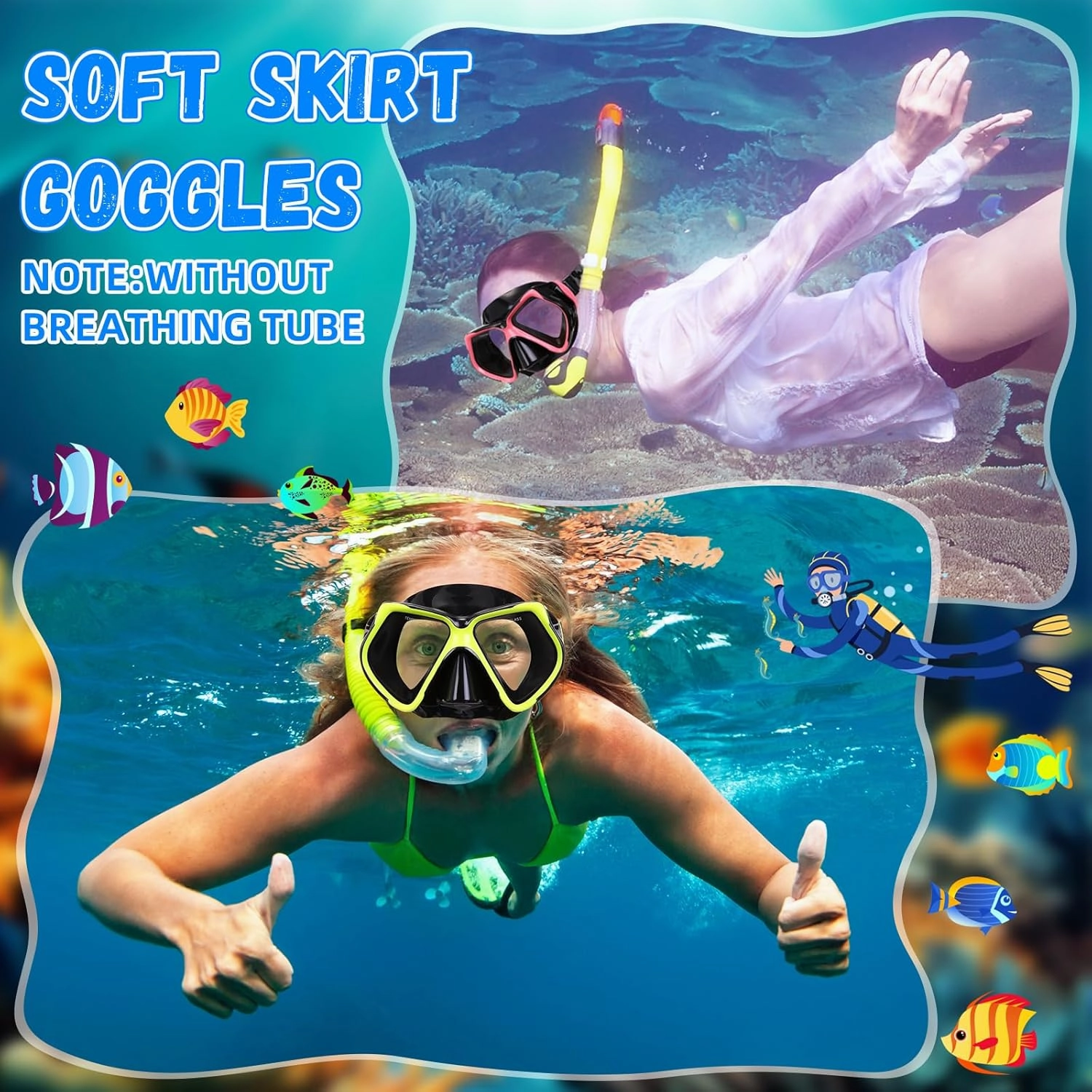 Fabbay 3 Pieces Swimming Diving Goggles with Nose Cover Adult Swim Snorkel Goggle Swim Goggle Pack Pool Goggles for Youth Men Women