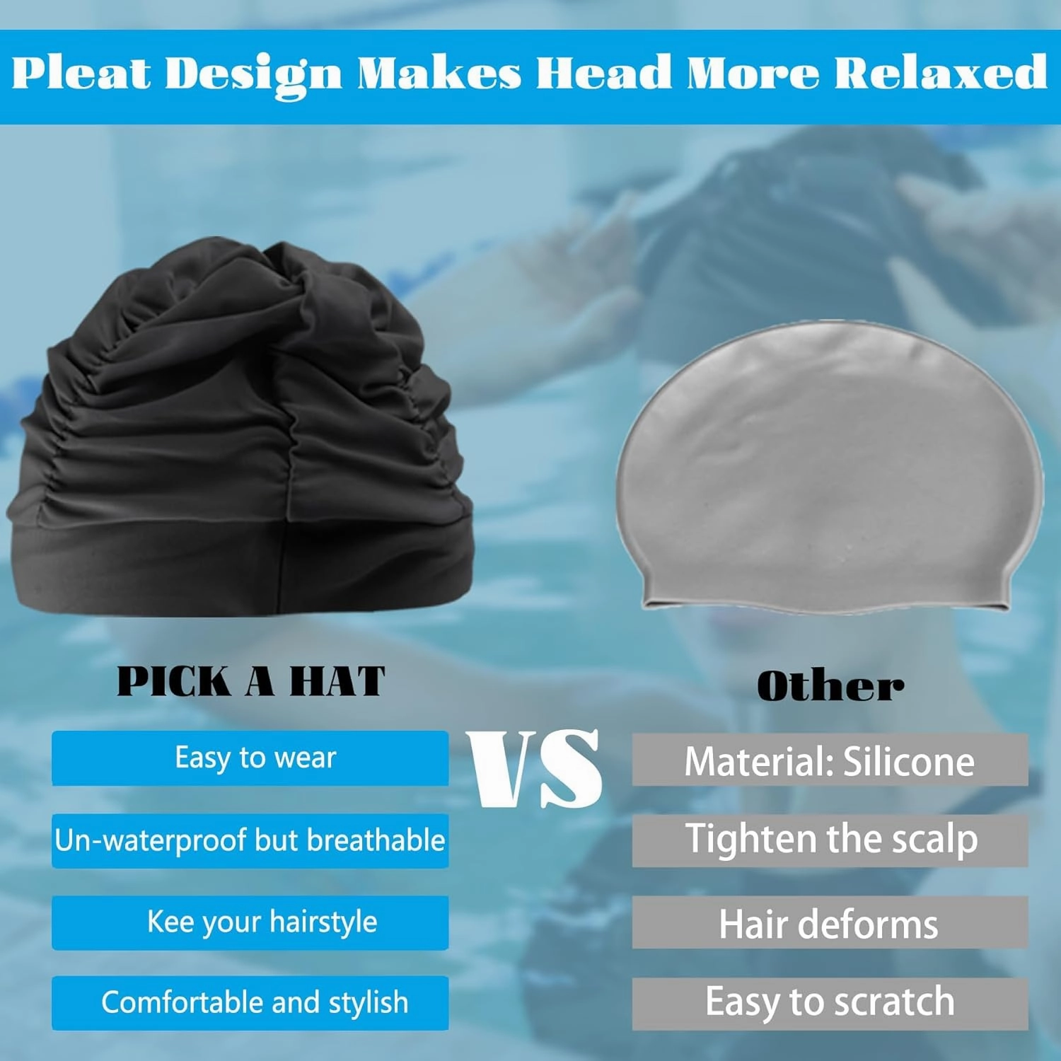 Fabric Swim Caps for Women Swimming for Long Hair Nylon Cloth Swim Cap Pleated Elastic Comfort Bathing Cap Swim Hats Keep Hairstyle Unchanged