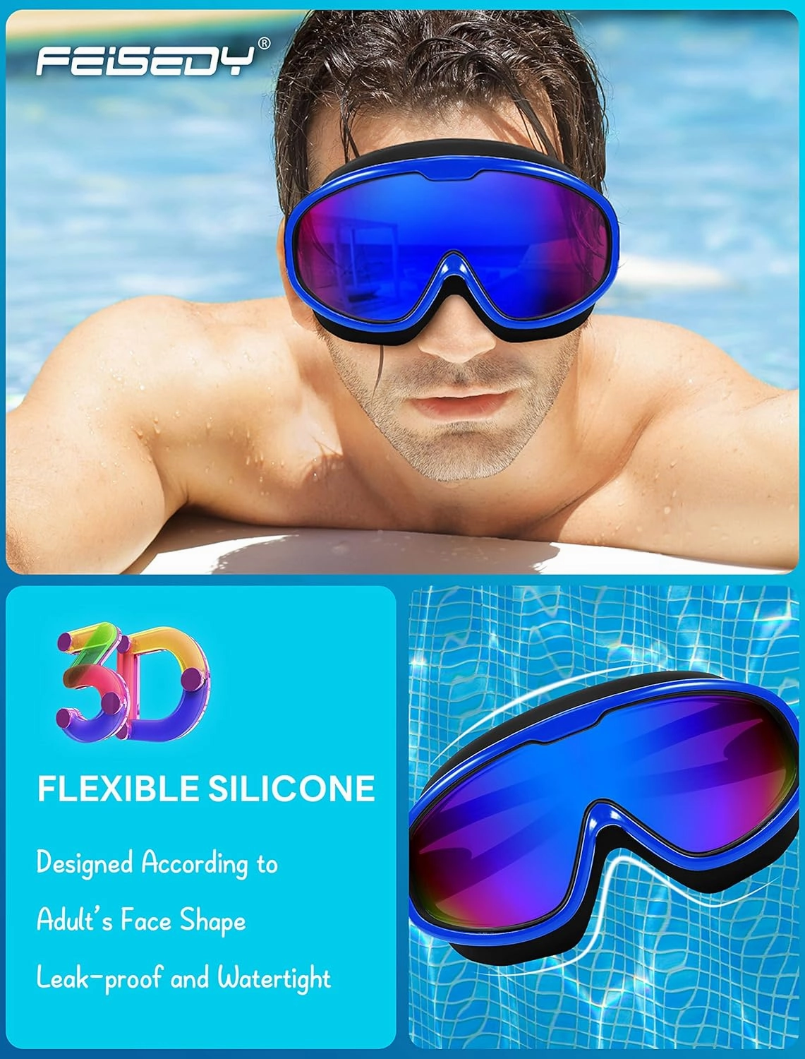 FEISEDY Swim Goggles No Leaking Anti-Fog Pool Goggles Swimming Goggles Adult Men Women Youth, 180 Clear Vision UV400 B2389