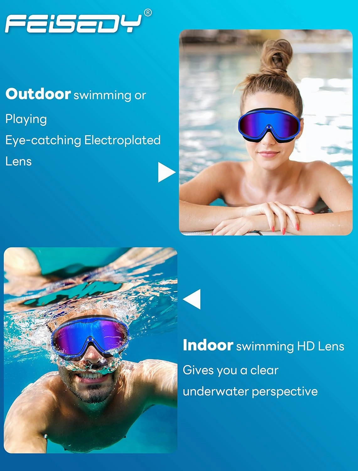 FEISEDY Swim Goggles No Leaking Anti-Fog Pool Goggles Swimming Goggles Adult Men Women Youth, 180 Clear Vision UV400 B2389
