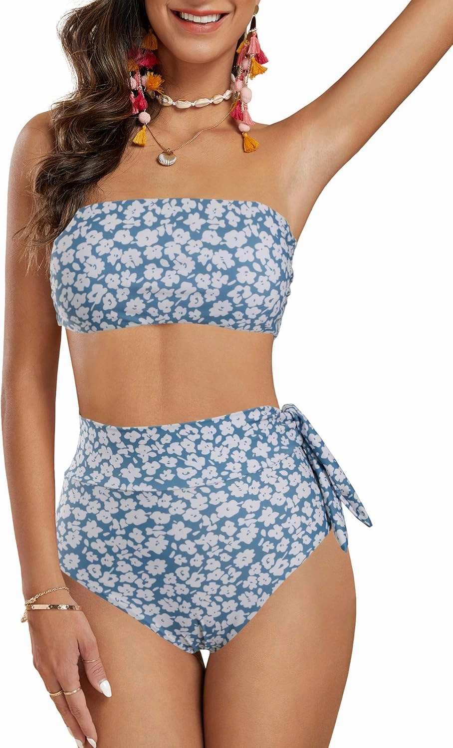 FERBIA Womens High Waisted Bikini Set Bandeau Strapless 2 Piece Bathing Suit Swimsuits Tie Wrap Swimwear
