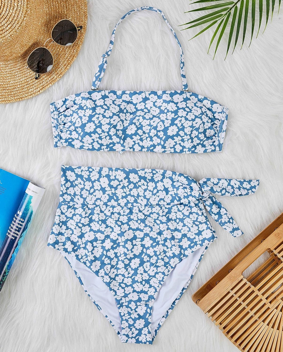 FERBIA Womens High Waisted Bikini Set Bandeau Strapless 2 Piece Bathing Suit Swimsuits Tie Wrap Swimwear