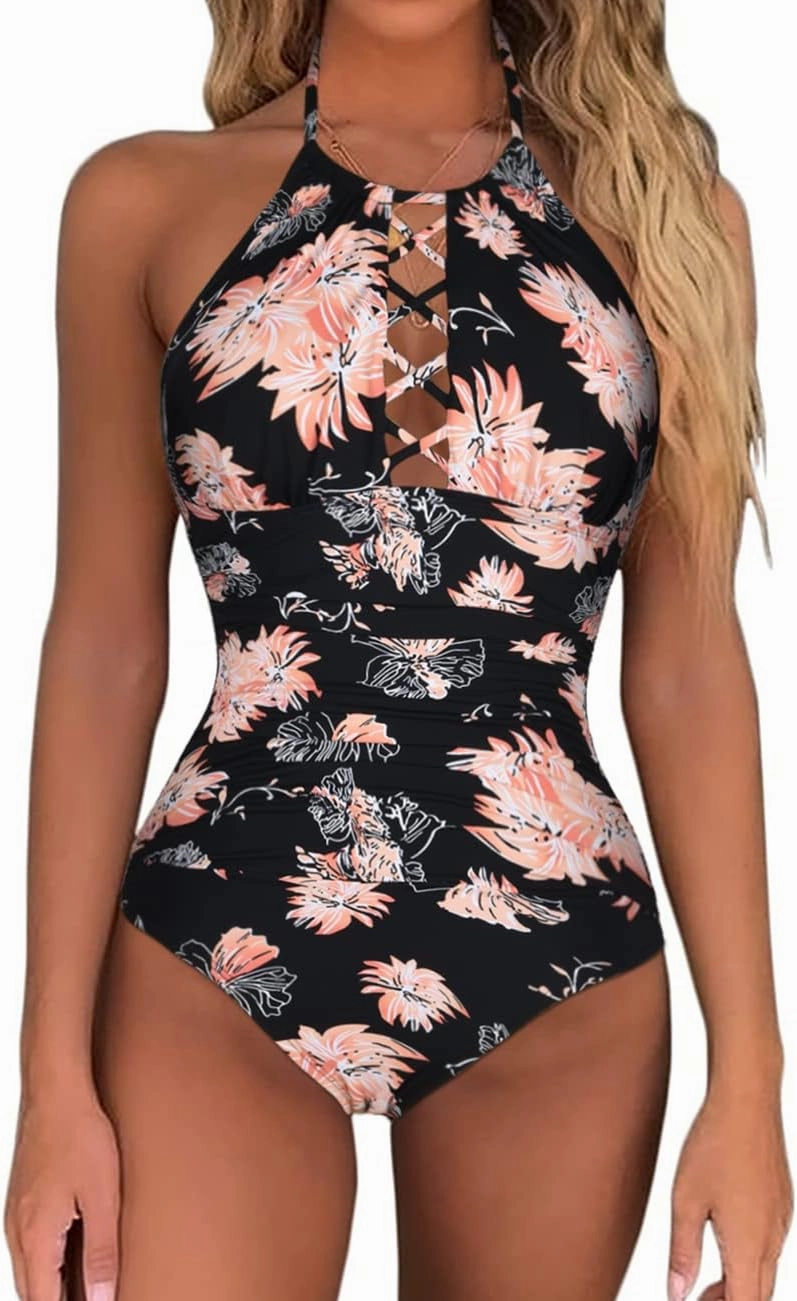 Firpearl Women's One Piece Swimsuits High Neck Cutout Ruched Tummy Control Swimwear