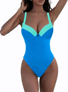 Fisoew Women One Piece Tummy Control Swimsuits Retro Slimming Colorblock Back Tie Vintage Bathing Suits