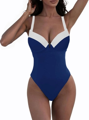Fisoew Women One Piece Tummy Control Swimsuits Retro Slimming Colorblock Back Tie Vintage Bathing Suits