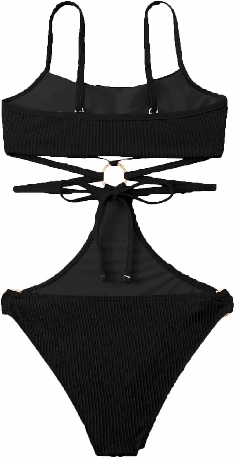 FlatterMe Ring Linked Cut-Out One Piece Swimsuit Scoop Neck Lace Up Back Monokini Bathing Suit
