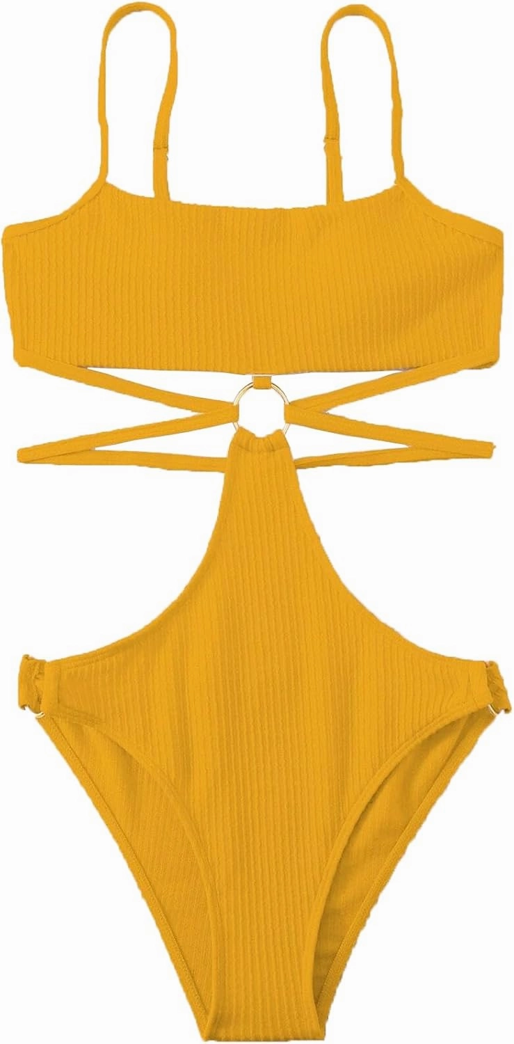 FlatterMe Ring Linked Cut-Out One Piece Swimsuit Scoop Neck Lace Up Back Monokini Bathing Suit
