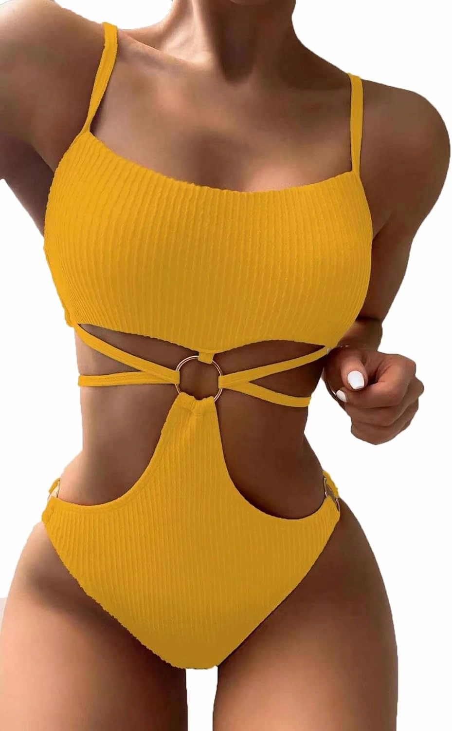 FlatterMe Ring Linked Cut-Out One Piece Swimsuit Scoop Neck Lace Up Back Monokini Bathing Suit