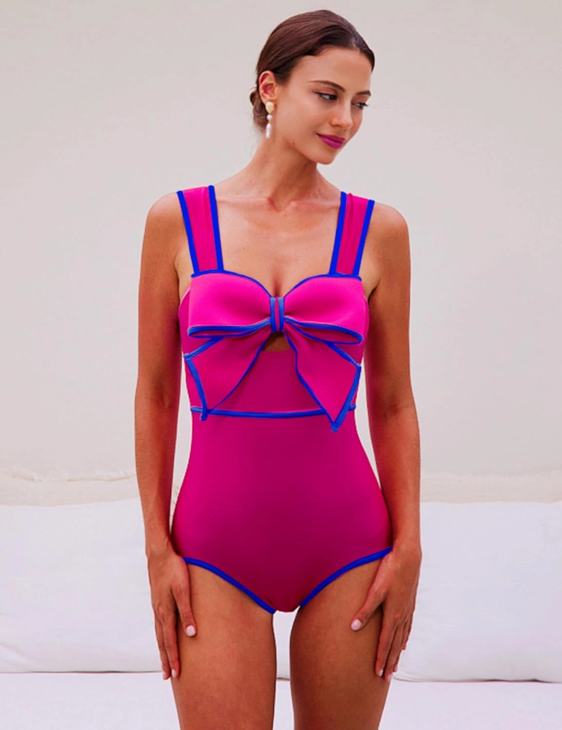 FLAXMAKER Black and White Swimsuit Bow-tie Decor One Piece Bathing Suit