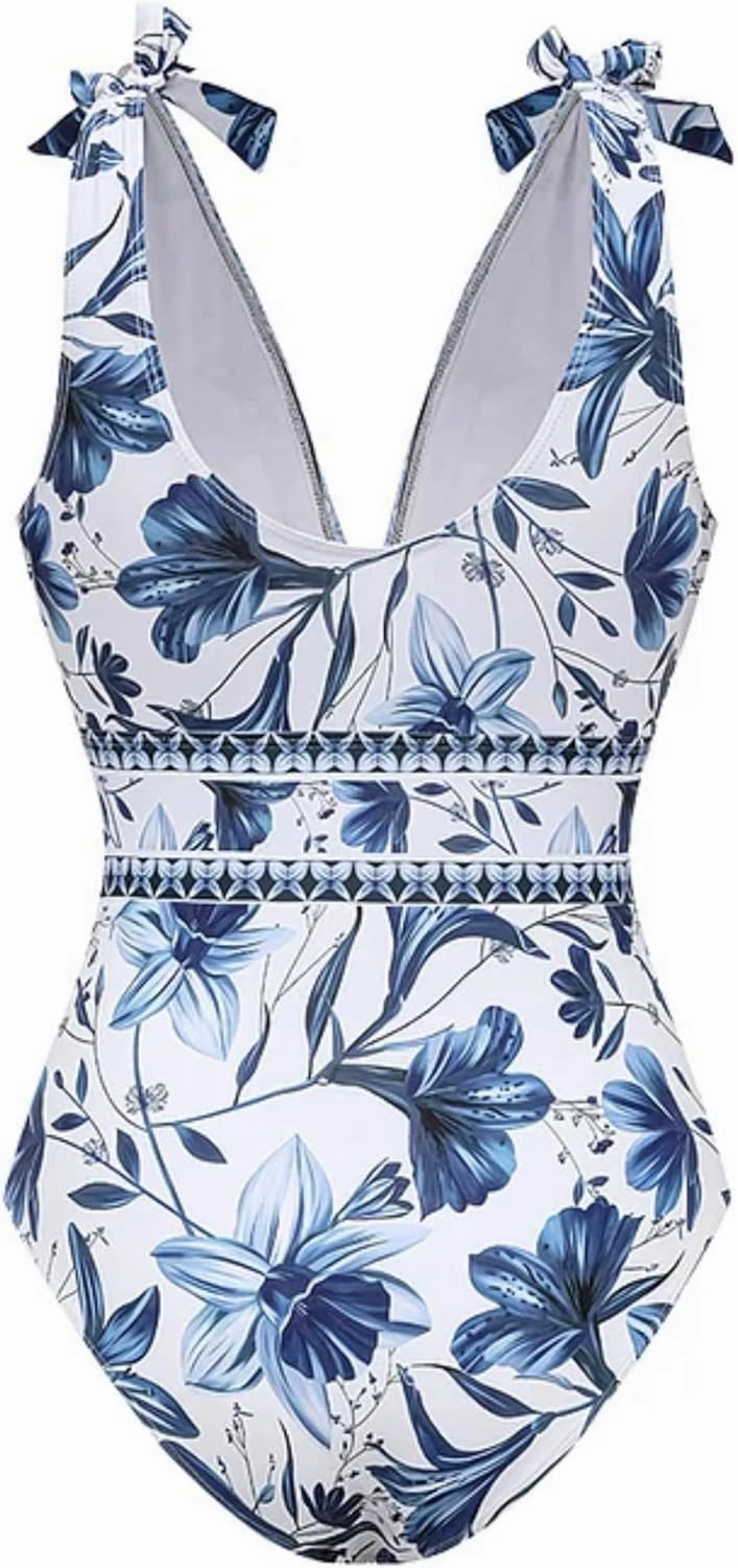 FLAXMAKER Blue and White V Neck Lace Up Strip Plant Prints One Piece Swimsuit and Skirt/Sarong