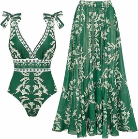 FLAXMAKER Blue and White V Neck Lace Up Strip Plant Prints One Piece Swimsuit and Skirt/Sarong