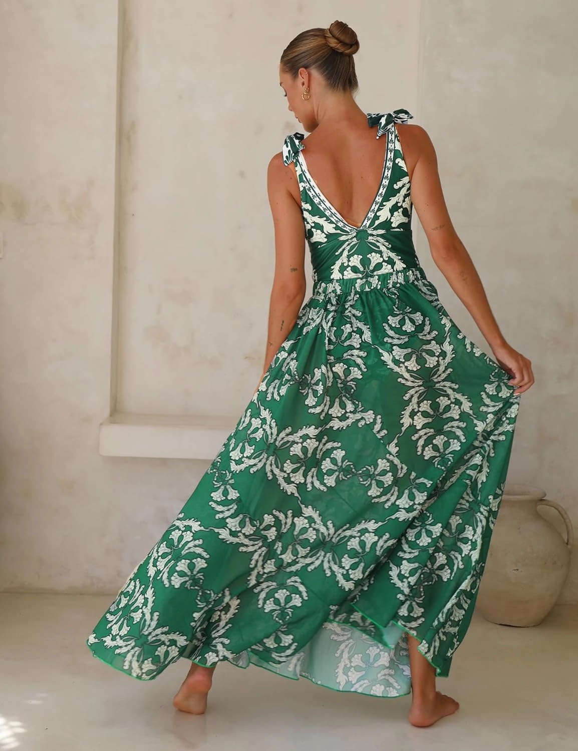 FLAXMAKER Blue and White V Neck Lace Up Strip Plant Prints One Piece Swimsuit and Skirt/Sarong