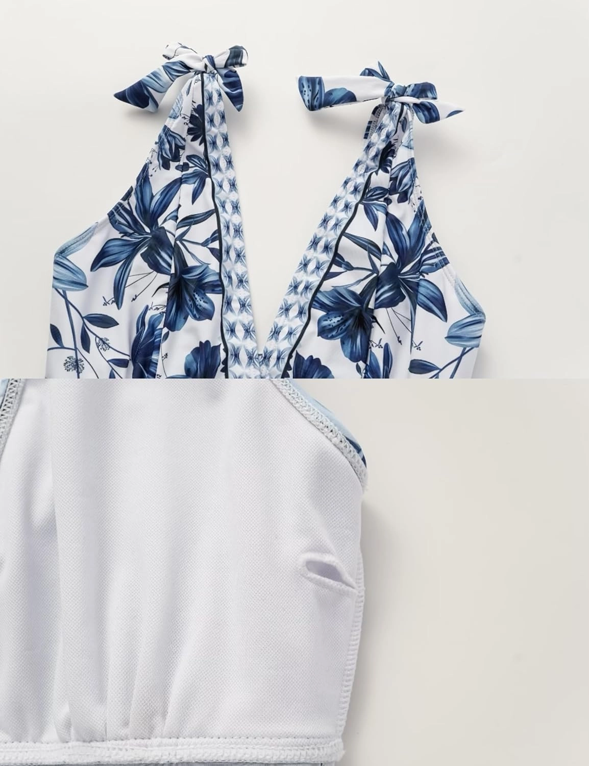 FLAXMAKER Blue and White V Neck Lace Up Strip Plant Prints One Piece Swimsuit and Skirt/Sarong