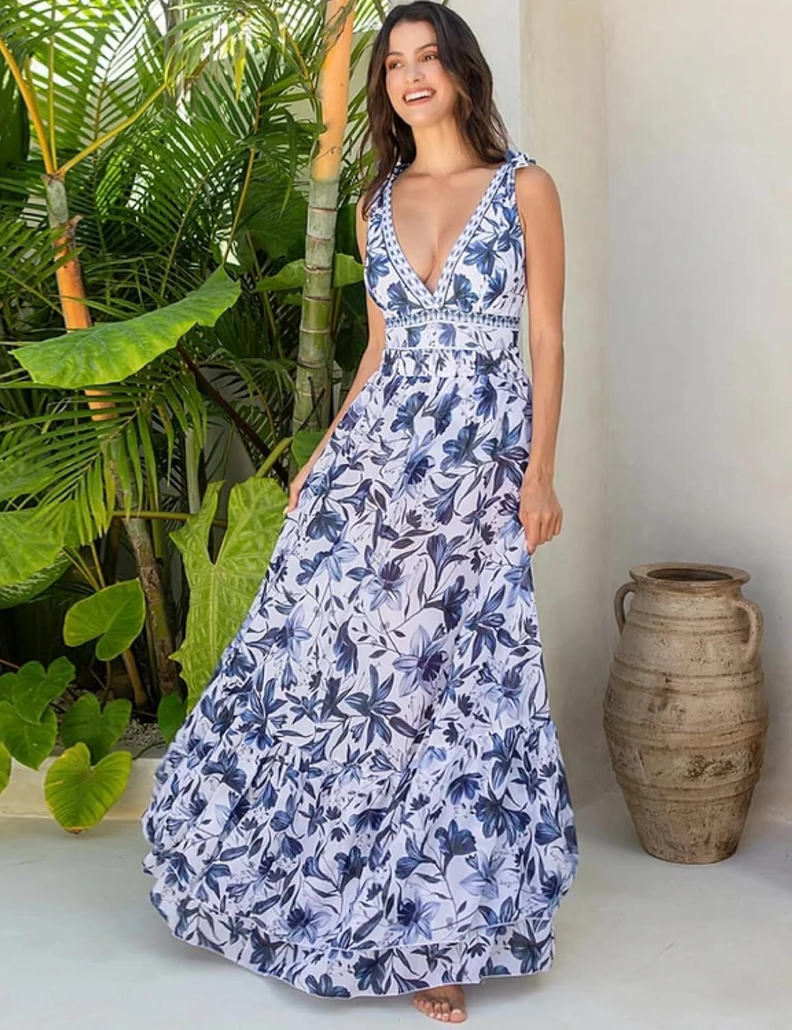 FLAXMAKER Blue and White V Neck Lace Up Strip Plant Prints One Piece Swimsuit and Skirt/Sarong