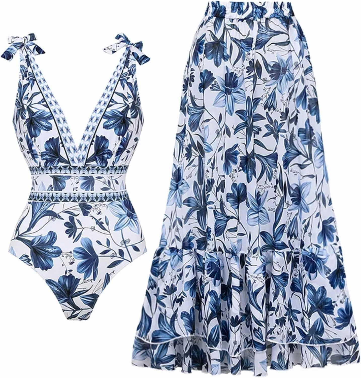 FLAXMAKER Blue and White V Neck Lace Up Strip Plant Prints One Piece Swimsuit and Skirt/Sarong