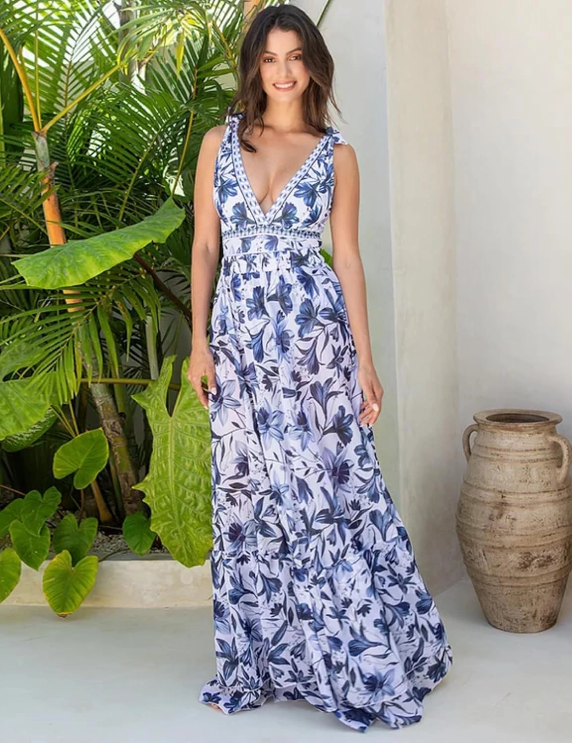 FLAXMAKER Blue and White V Neck Lace Up Strip Plant Prints One Piece Swimsuit and Skirt/Sarong