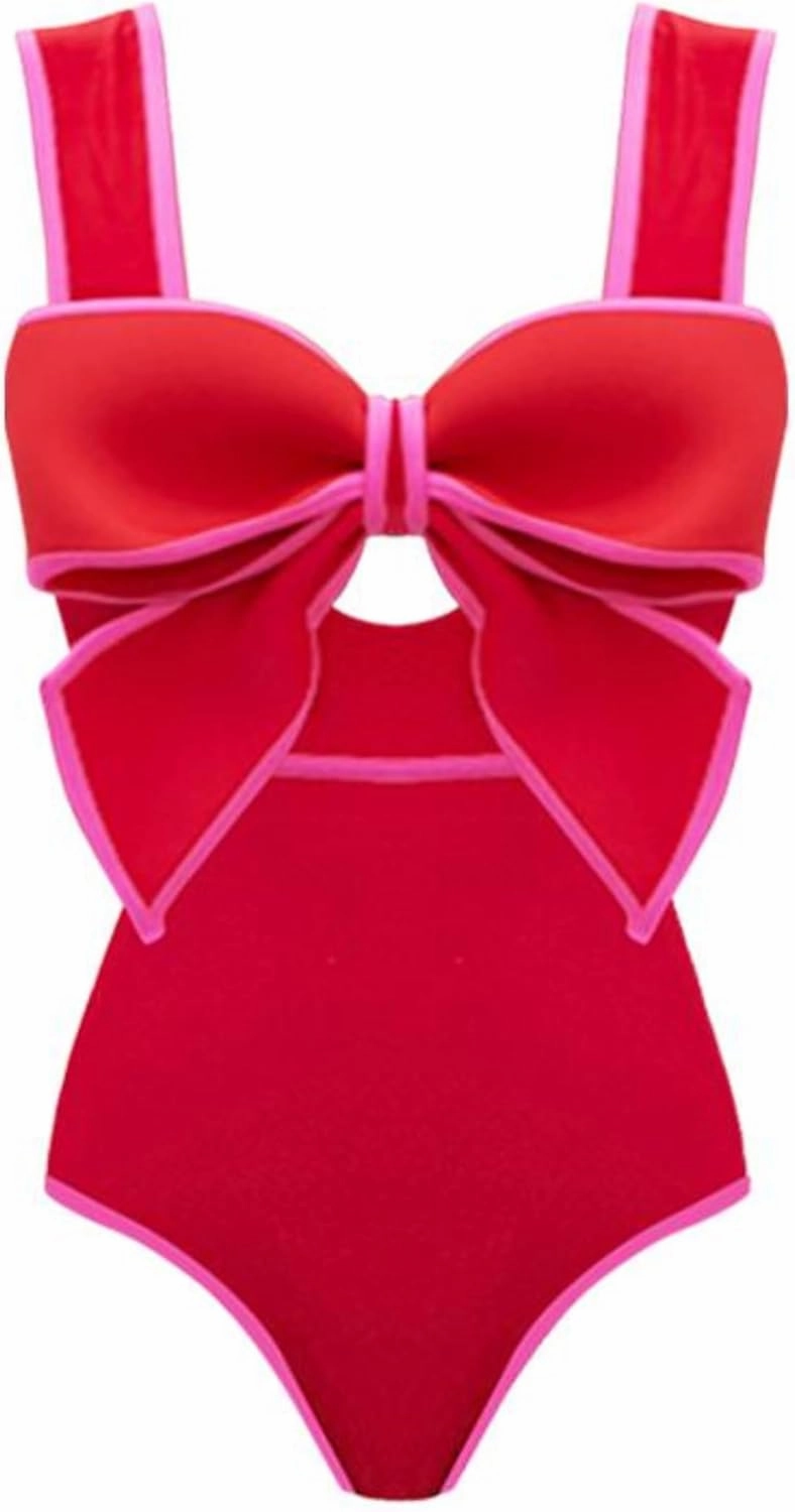 FLAXMAKER Bow Front Cut Out Color Block One Piece Swimsuit and Skirt