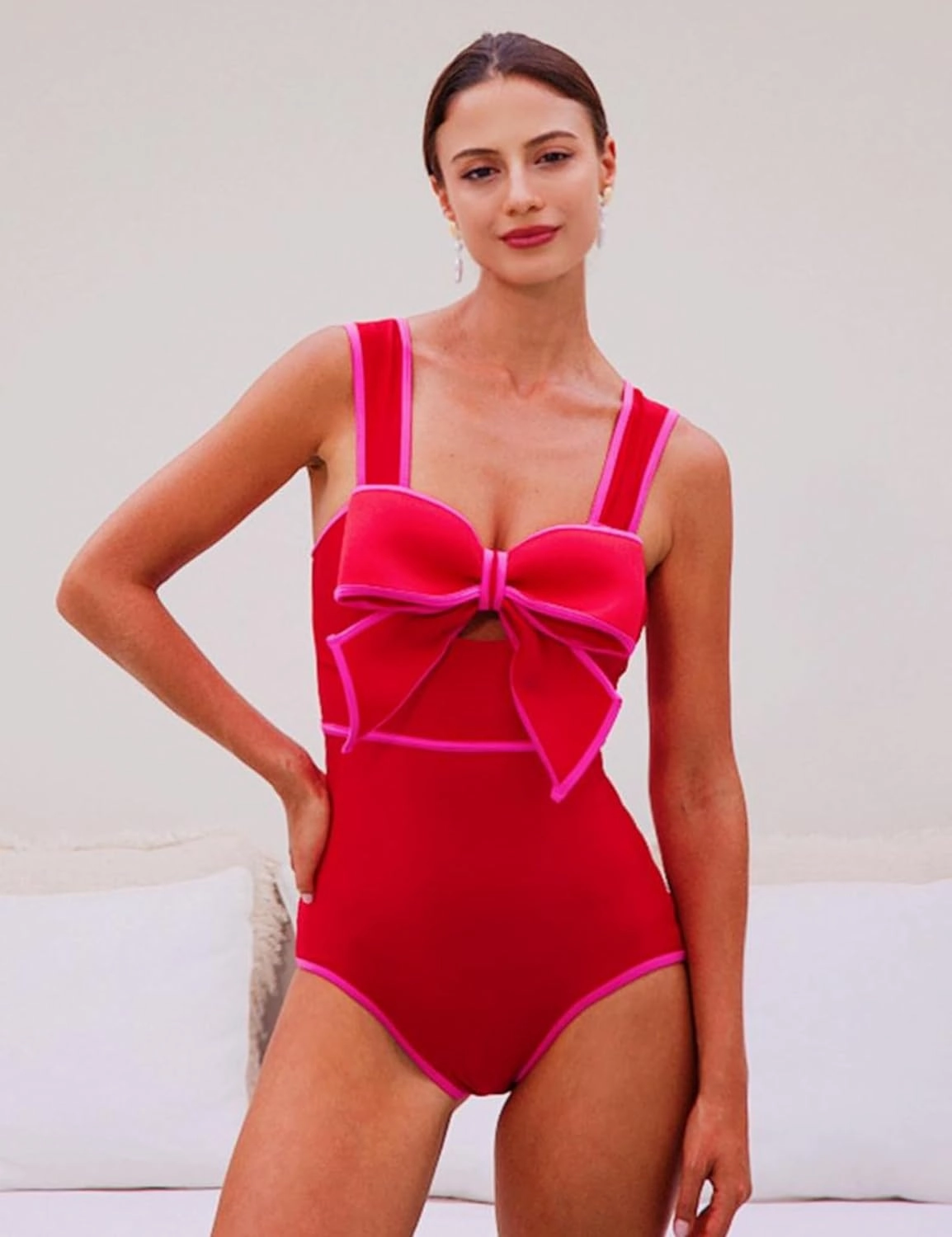 FLAXMAKER Bow Front Cut Out Color Block One Piece Swimsuit and Skirt
