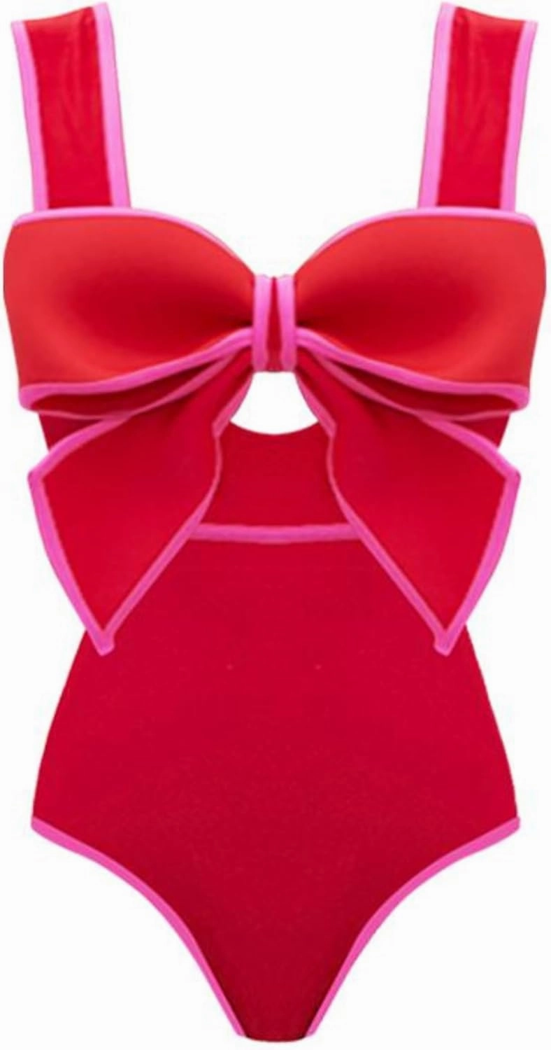 FLAXMAKER Bow Front Cut Out Color Block One Piece Swimsuit and Skirt