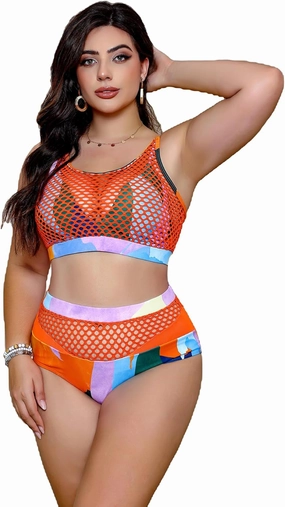 Floerns Women's Plus Size Bathing Suit Fishnet High Waist Bikini Set Rave Outfit