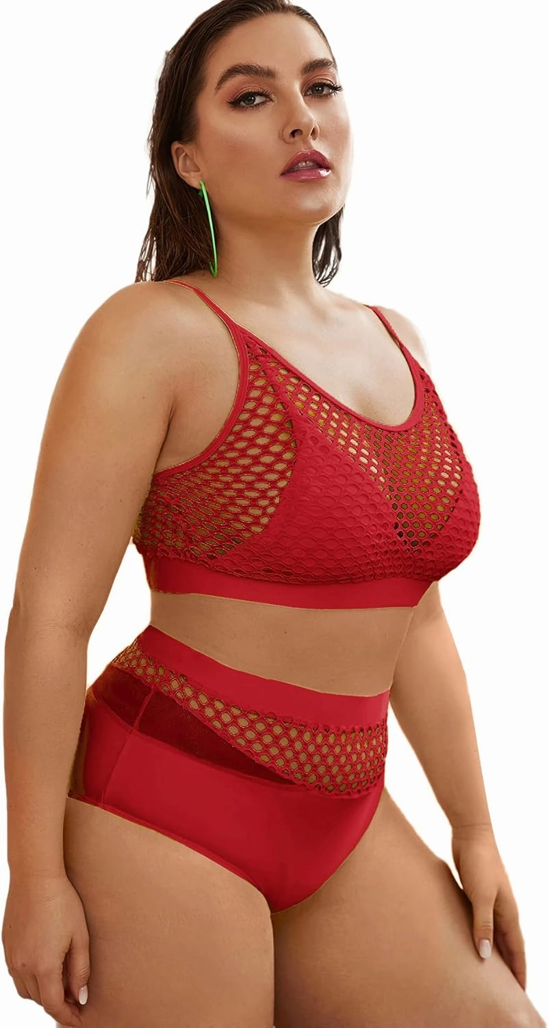 Floerns Women's Plus Size Bathing Suit Fishnet High Waist Bikini Set Rave Outfit