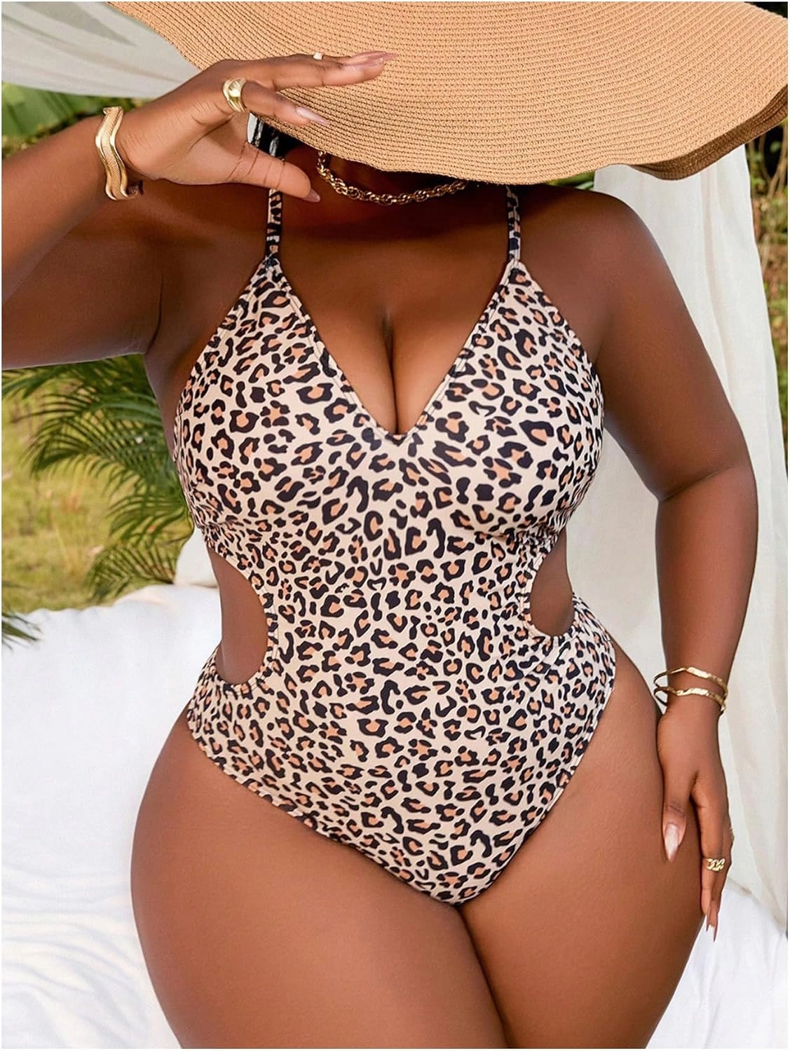 Floerns Women's Plus Size Cheetah One Piece Swimsuit Cut Out Tie Back Bathing Suit