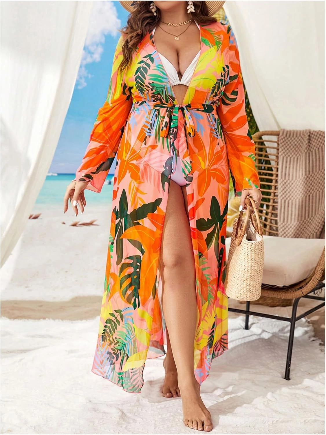 Floerns Women's Plus Size Long Sleeve Sheer Mesh Swimwear Kimono Cardigan