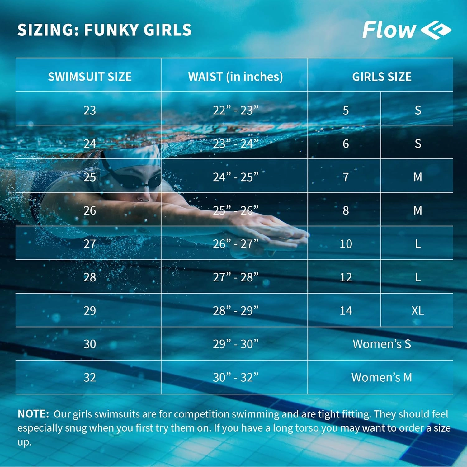 Flow Funky Girls Swimsuits - One Piece Swimming Suits for Practice and Competition in Size 23 to 32