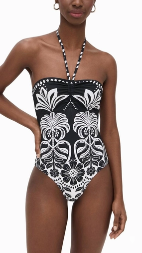 Flowers Leopards Halterneck Swimsuit In Black / White