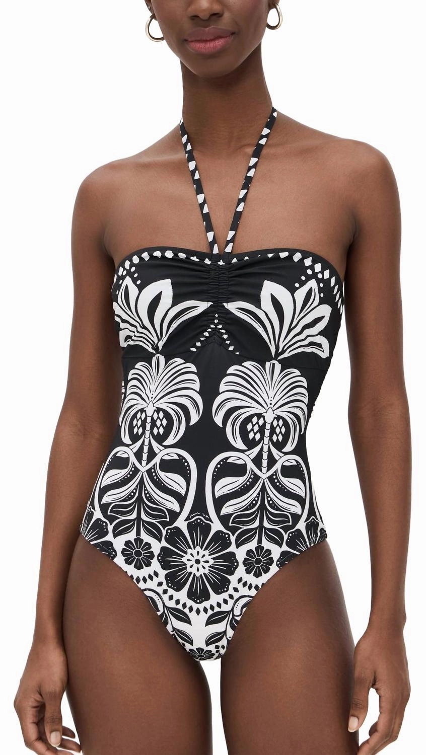 Flowers Leopards Halterneck Swimsuit In Black / White