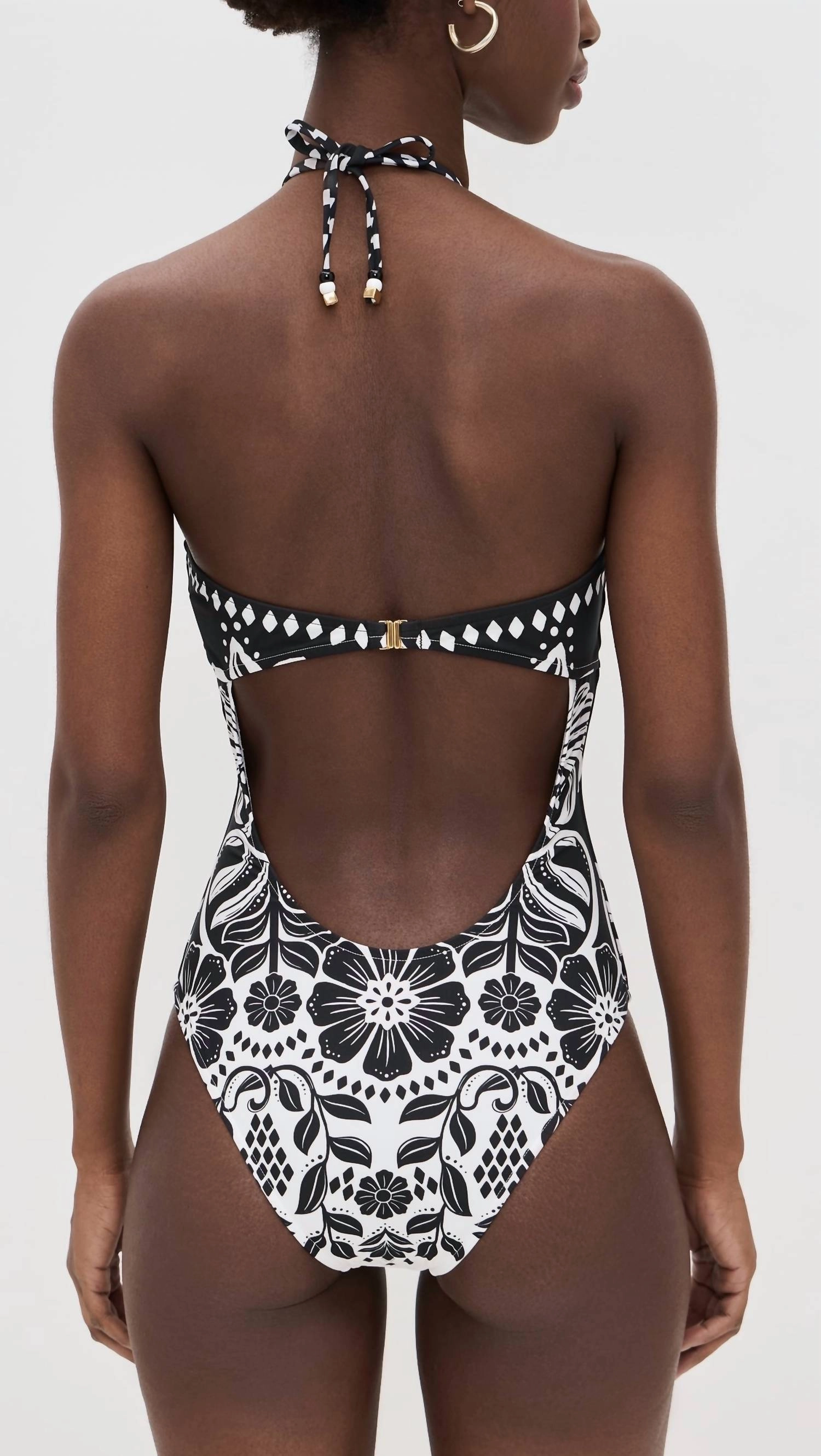 Flowers Leopards Halterneck Swimsuit In Black / White