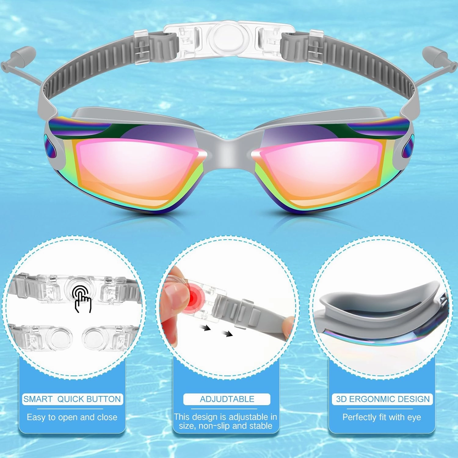 Flutesan 2 Pcs Swimming Goggles No Leaking Anti Fog UV Protection Swim Goggles with Nose Clips Ear Plugs