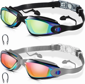 Flutesan 2 Pcs Swimming Goggles No Leaking Anti Fog UV Protection Swim Goggles with Nose Clips Ear Plugs