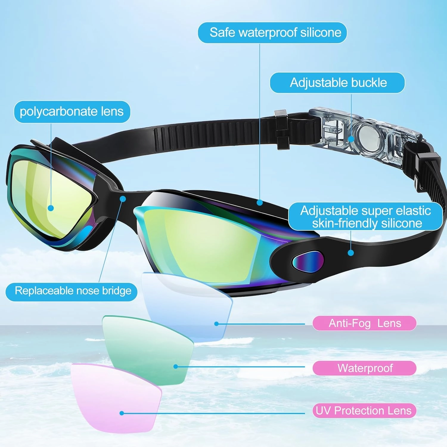 Flutesan 3 Pack Swimming Goggles No Leaking Silicone Anti Fog Swim Glasses with Nose Clip Ear Plugs Adult Kids Pool, 3 Colors
