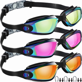 Flutesan 3 Pack Swimming Goggles No Leaking Silicone Anti Fog Swim Glasses with Nose Clip Ear Plugs Adult Kids Pool, 3 Colors