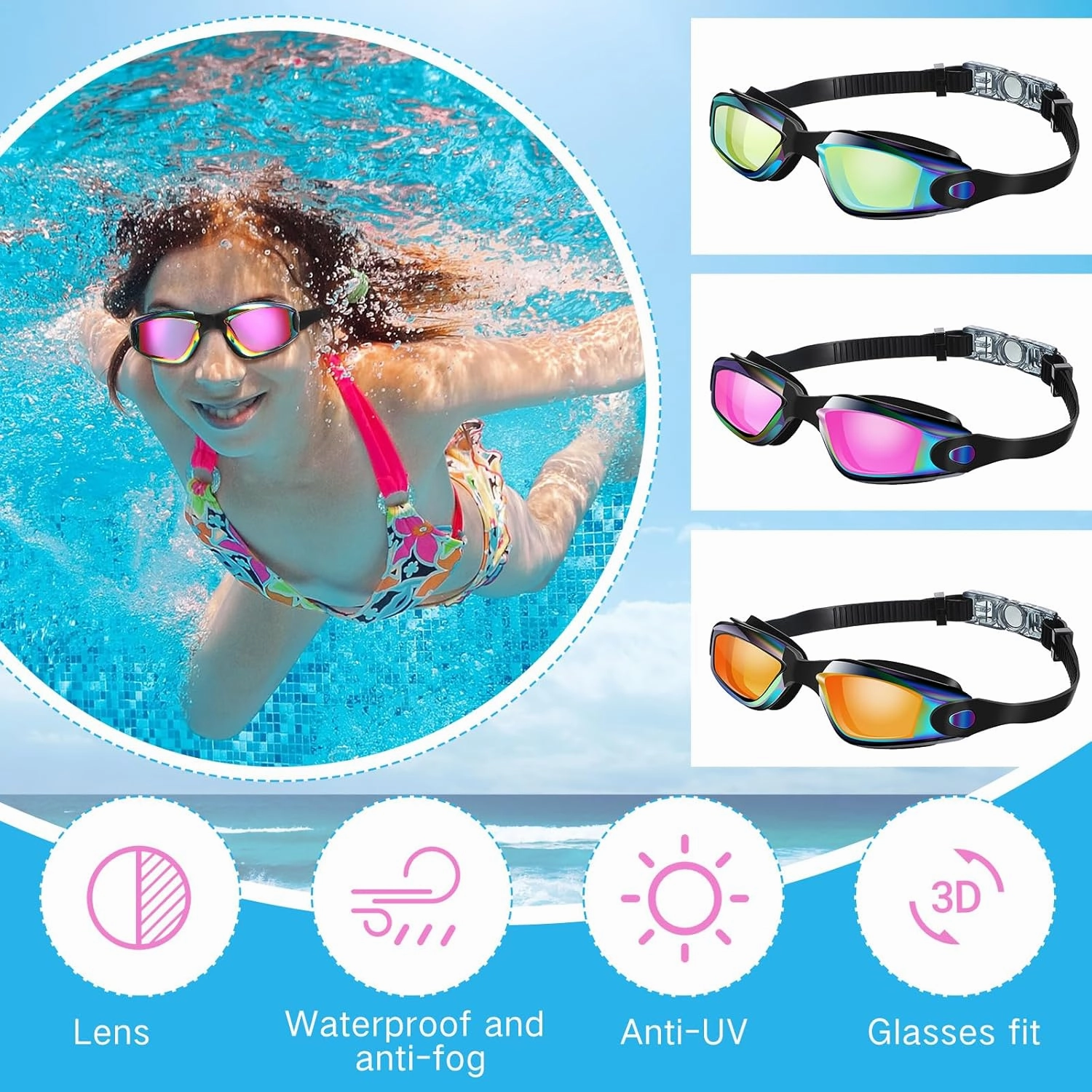 Flutesan 3 Pack Swimming Goggles No Leaking Silicone Anti Fog Swim Glasses with Nose Clip Ear Plugs Adult Kids Pool, 3 Colors