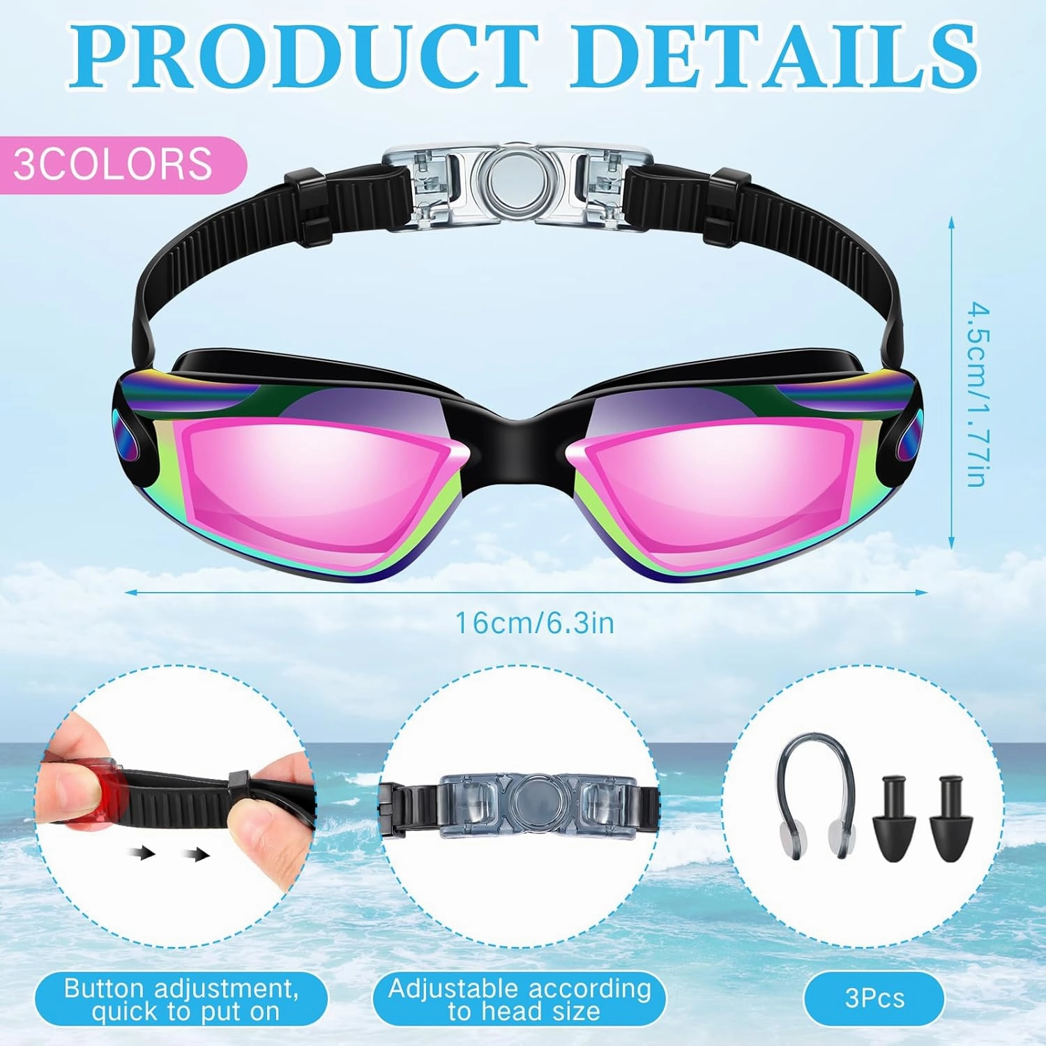 Flutesan 3 Pack Swimming Goggles No Leaking Silicone Anti Fog Swim Glasses with Nose Clip Ear Plugs Adult Kids Pool, 3 Colors