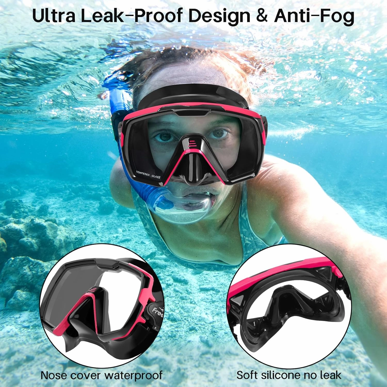 Freela Adult Swim Goggles Mask for Adult with Nose Cover, Tempered Glass Anti Fog Waterproof 180 Clear Wide View men women
