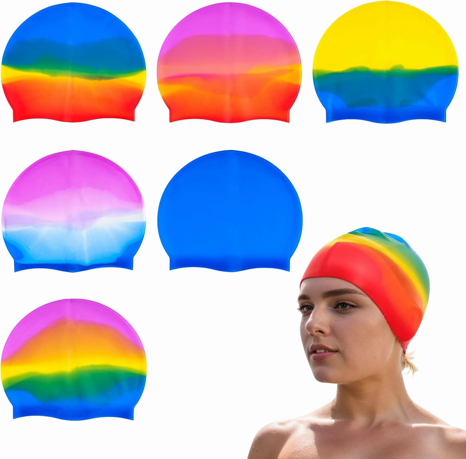 Fumwase 6PCS Silicone Swim Caps Unisex Adult Waterproof Swimming Hat Adult Swimming Cap Elastomeric for Long and Short Hair