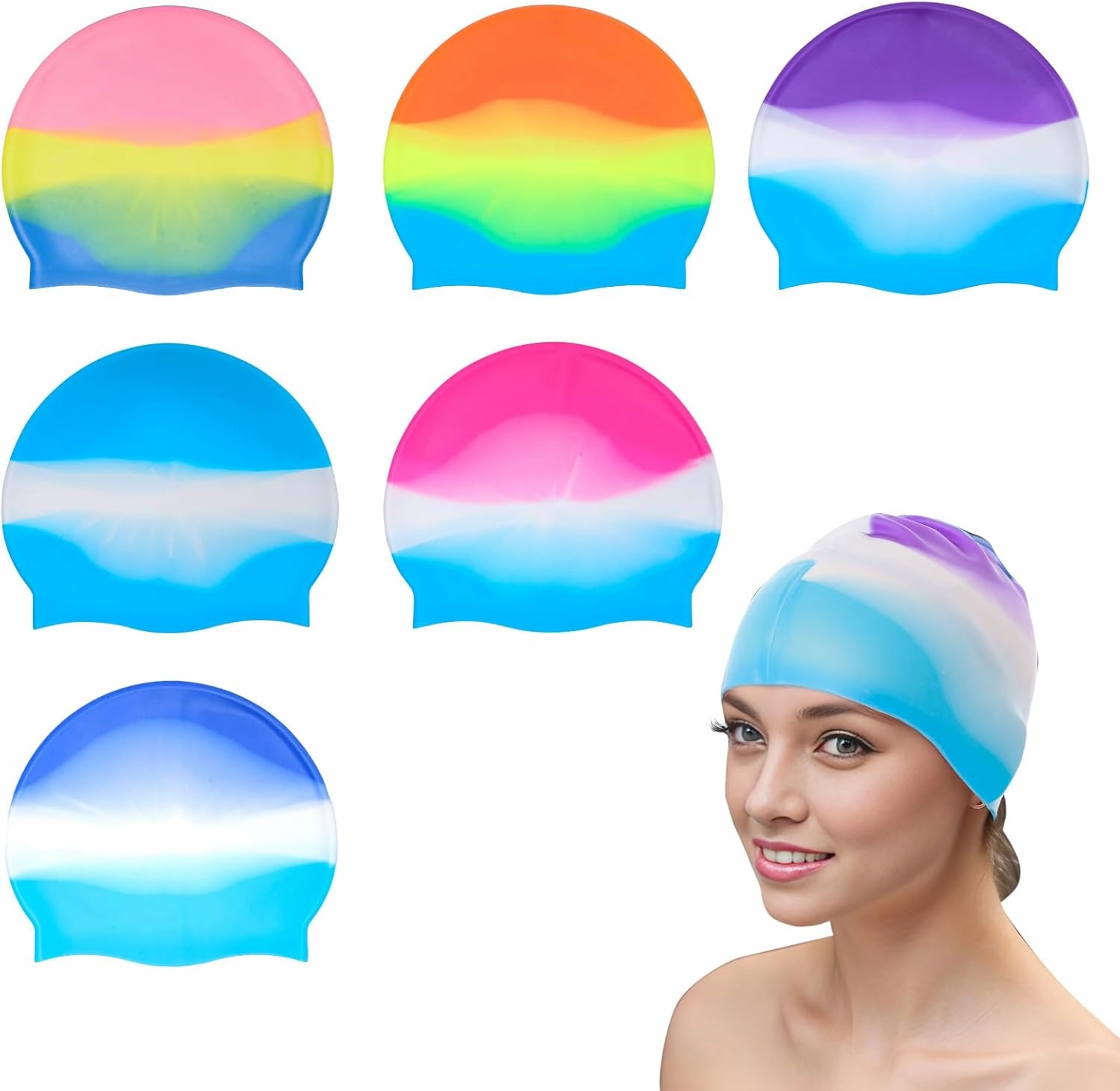 Fumwase 6PCS Unisex Adult Silicone Swim Caps Waterproof Swimming Hat Adult Swimming Cap Elastomeric for Long and Short Hair