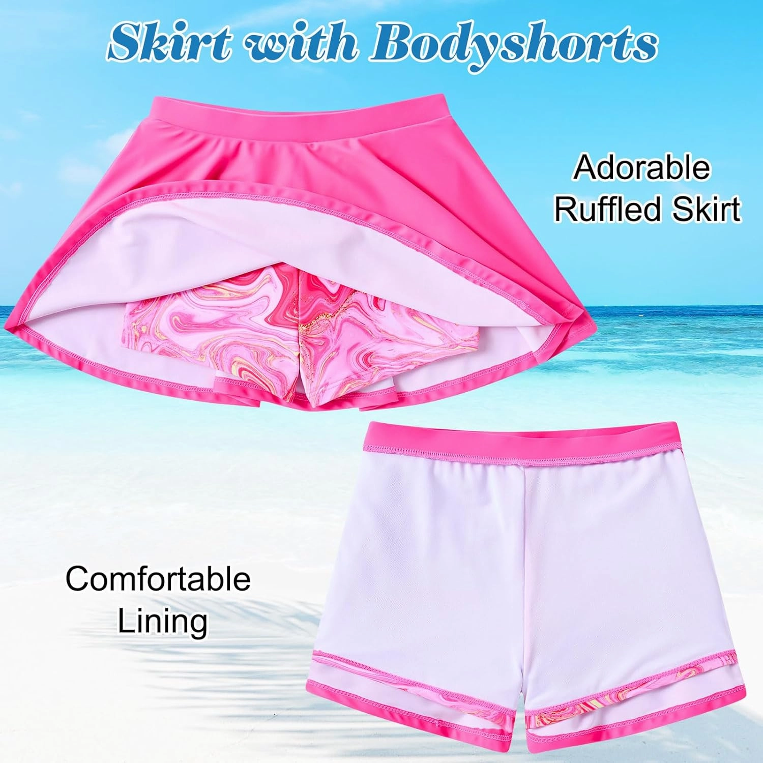 Funnycokid Girls Rash Guard Bathing Suit Long Sleeve Swimsuit 2 Pieces Swimming Skirt with Shorts Swimwear 3-12Y