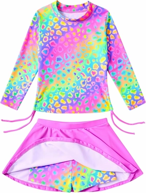 Funnycokid Girls Rash Guard Bathing Suit Long Sleeve Swimsuit 2 Pieces Swimming Skirt with Shorts Swimwear 3-12Y