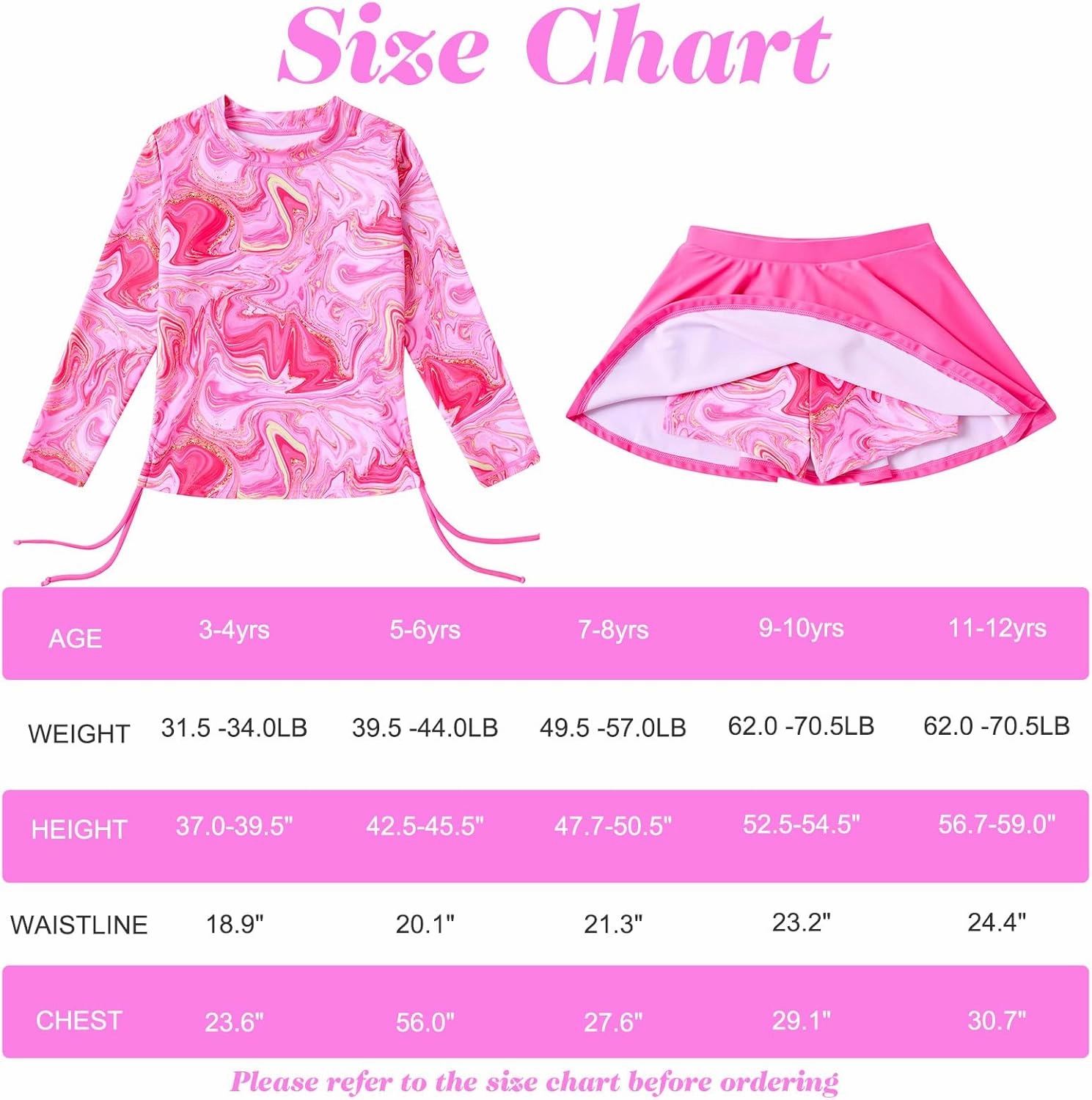 Funnycokid Girls Rash Guard Bathing Suit Long Sleeve Swimsuit 2 Pieces Swimming Skirt with Shorts Swimwear 3-12Y