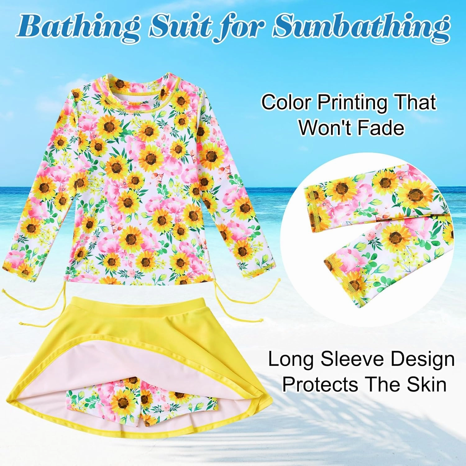 Funnycokid Girls Rash Guard Bathing Suit Long Sleeve Swimsuit 2 Pieces Swimming Skirt with Shorts Swimwear 3-12Y