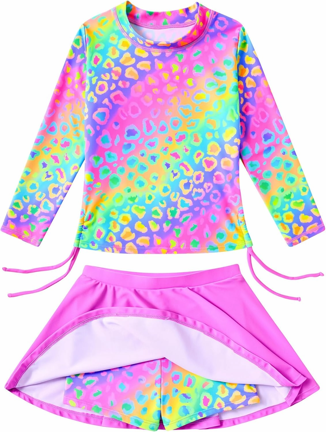 Funnycokid Girls Rash Guard Bathing Suit Long Sleeve Swimsuit 2 Pieces Swimming Skirt with Shorts Swimwear 3-12Y