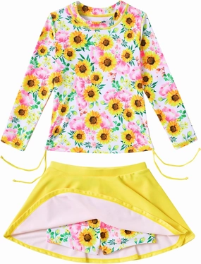 Funnycokid Girls Rash Guard Bathing Suit Long Sleeve Swimsuit 2 Pieces Swimming Skirt with Shorts Swimwear 3-12Y