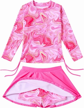 Funnycokid Girls Rash Guard Bathing Suit Long Sleeve Swimsuit 2 Pieces Swimming Skirt with Shorts Swimwear 3-12Y