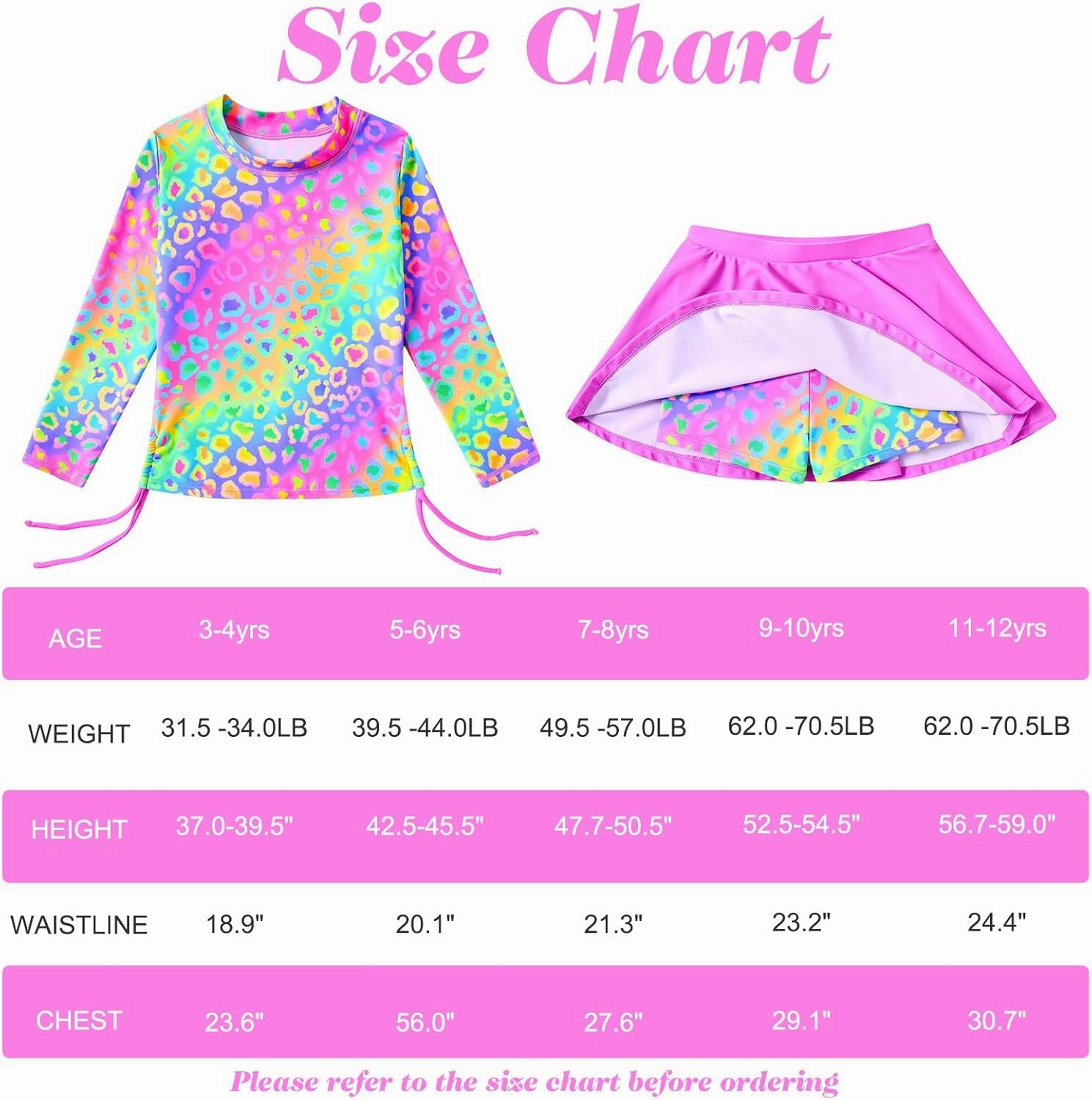 Funnycokid Girls Rash Guard Bathing Suit Long Sleeve Swimsuit 2 Pieces Swimming Skirt with Shorts Swimwear 3-12Y